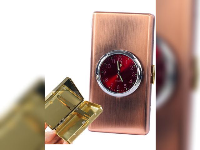 Lot 96-178719 - Cigarette Case with Clocks Makeup Mirror 9pcs Cigarettes Capacity Sided Spring Clip Open Pocket Hold...