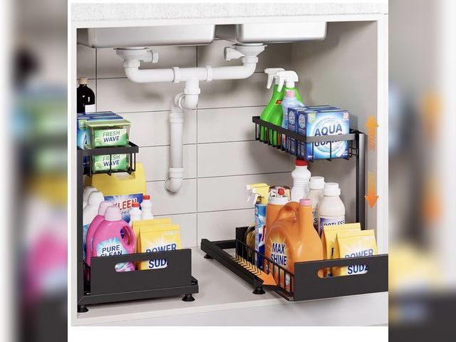 Lot 96-233287 - 2-Pack L-Shaped Under Sink Organizer, 2-Tier Pull-out Cabinet Rack Black Height-Adjustable Steel Rac...