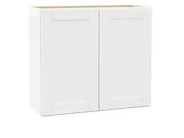 Lot 96-145267 - Hampton BayShaker 33 in. W x 12 in. D x 30 in. H Assembled Wall Cabinet in Satin WhiteNew MSRP $219....