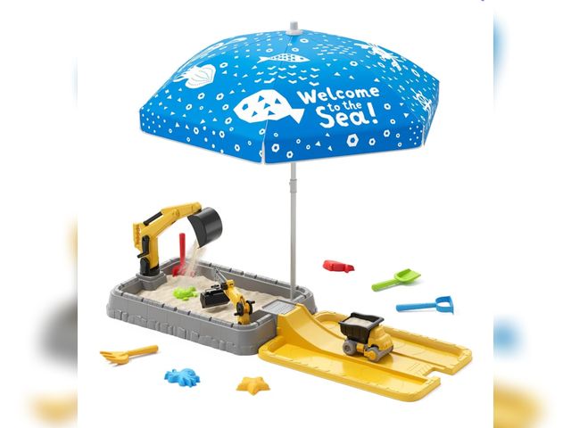 Lot 96-170342 - Sandbox with Lid &amp; Adjustable Umbrella, Dirt Digger Excavator Sand Box with Cover incl Construct...