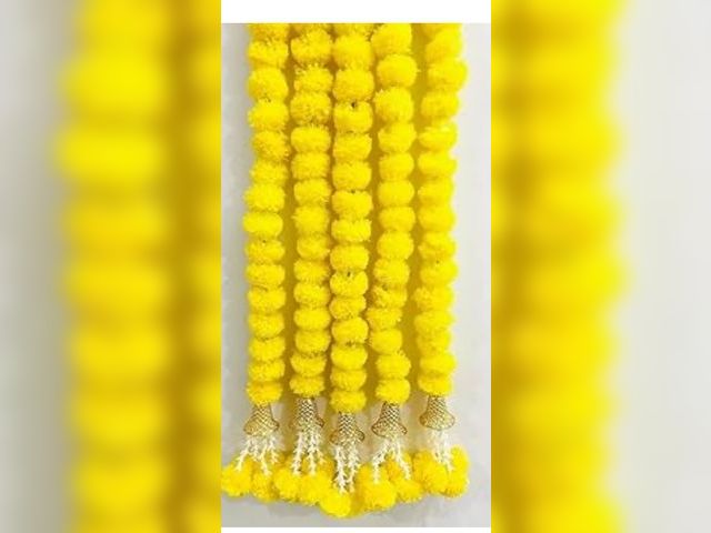 Lot 96-170440 - Artificial Marigold Fluffy Flowers Garlands for Decoration - Pack of 5 (Clustered Yellow Marigolds, ...