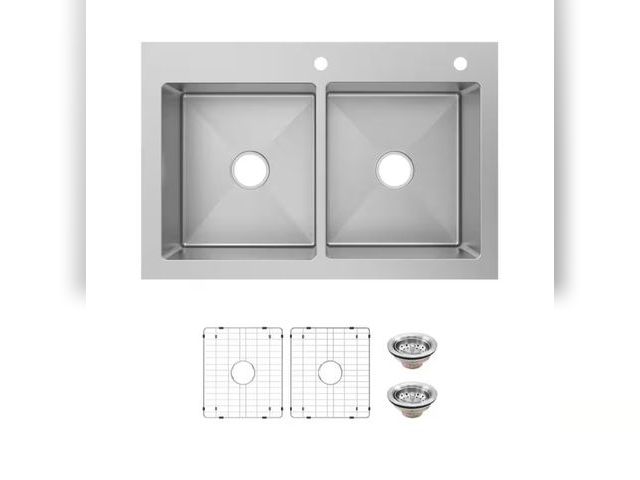 Lot 96-172892 - Glacier Bay Tight Radius 33 in. Drop-In 50/50 Double Bowl 18 Gauge Stainless Steel Kitchen Sink with...
