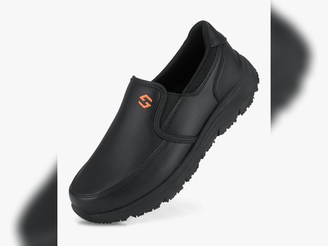 Lot 96-191094 - HISEA Size 12 Non Slip Work Shoes for Men, Water &amp; Oil Resistant Leather Slip on Kitchen Shoes, ...