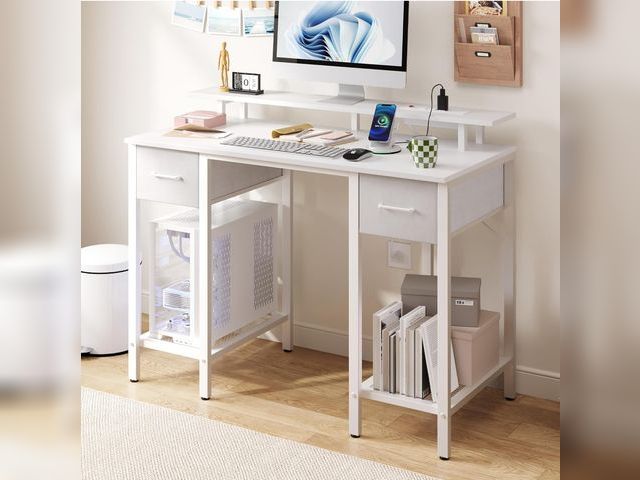 Lot 96-187852 - White Computer Desk with Drawers, 42 Inch Home Office Desk Study Writing Table, Gaming Desk with USB...