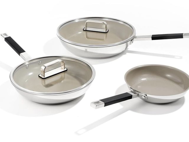 Lot 96-209993 - ROYDX Stainless Steel Cookware Set, Non Stick Titanium Ceramic Fry Pan with Lid 8", 10" and 12" Oil ...