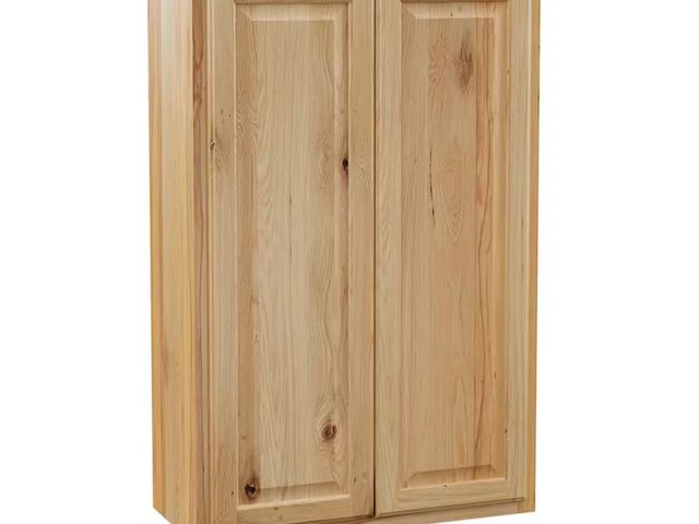 Lot 96-166134 - Hampton Bay Hampton 27 in. W x 12 in. D x 42 in. H Assembled Wall Cabinet in Natural Hickory MSRP $2...