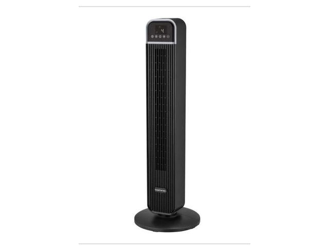 Lot 96-221961 - Hampton Bay 36 in. 4-Speed Oscillating
Tower Fan in Black with Remote Control and Easy New
Carry Han...