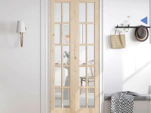 Lot 96-214262 - easelife 30 in. x 80 in. Pre Assembled Clear Glass Solid Core Wood Spruce Bi-fold Door with Hardware...