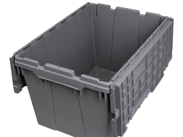 Lot 96-180566 - Industrial Plastic Storage Tote with Hinged Attached Lid Cracked on side