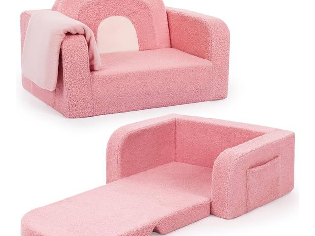 Lot 96-170117 - Kids Couch, 2-in-1 Soft Toddler Couch Fold Out with Blanket, Comfy Toddler Chair, Convertible Sofa t...