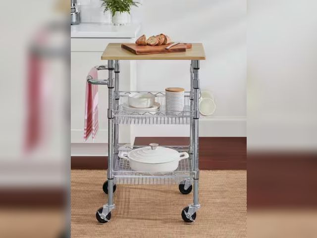 Lot 96-162285 - StyleWell Gatefield Small Chrome with Natural Wood Top Metal Rolling Microwave Kitchen Cart with Tie...