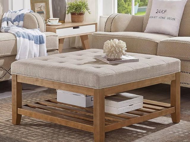 Lot 96-181102 - 24KF Large Square Upholstered Tufted Linen Ottoman Coffee Table, Large Footrest Ottoman with Solid W...