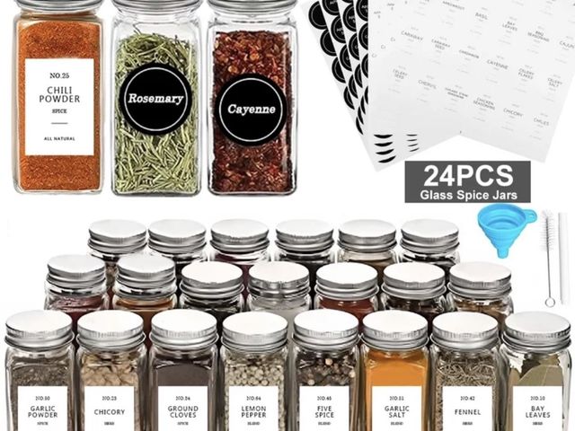 Lot 96-232759 - 24 Pcs Glass Spice Jars/Bottles - 4oz Empty Square Spice Containers with 8 Spice Labels - Shaker Lid...