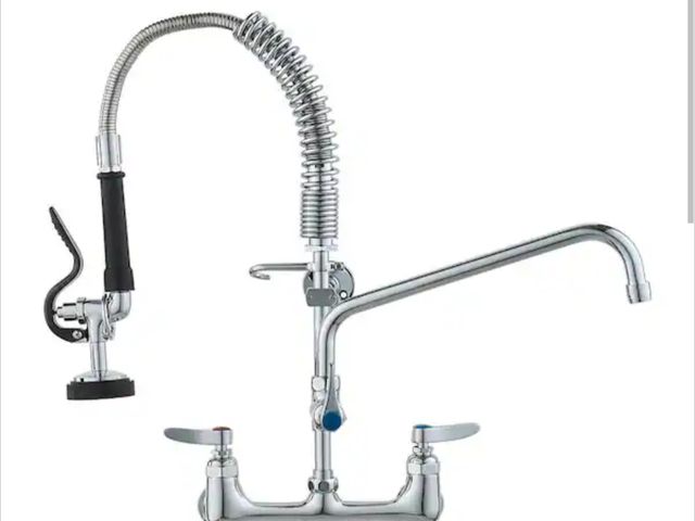 Lot 96-211329 - Commercial Faucet 21 in. H, 8 in. Center 12 in. Double Handle Pull Down Sprayer Kitchen Faucet with ...
