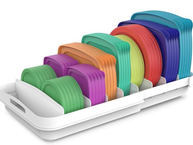 Lot 96-181712 - EVERIE Extendable Food Container Lid Organizer for 12'' Deep Cabinets, Adjustable Length 13.4" - 20....