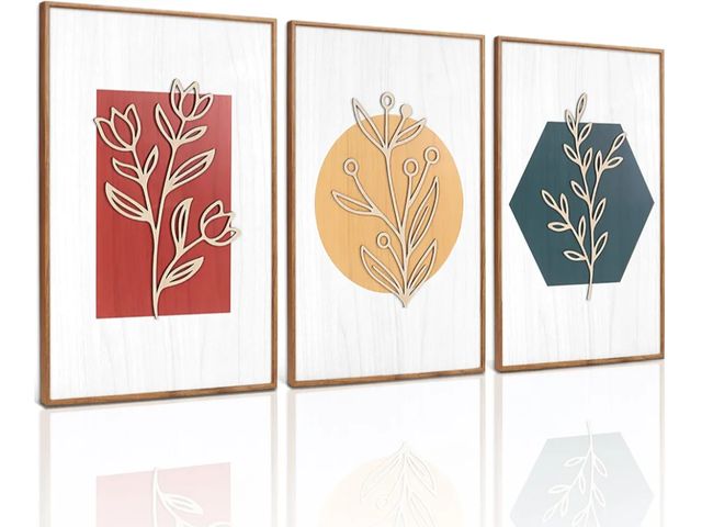 Lot 96-160599 - TOARTi 3PCS Framed Boho Minimalist Leaf Wood Wall Decor(16"x24"), Mid Century Modern Natural Themed ...