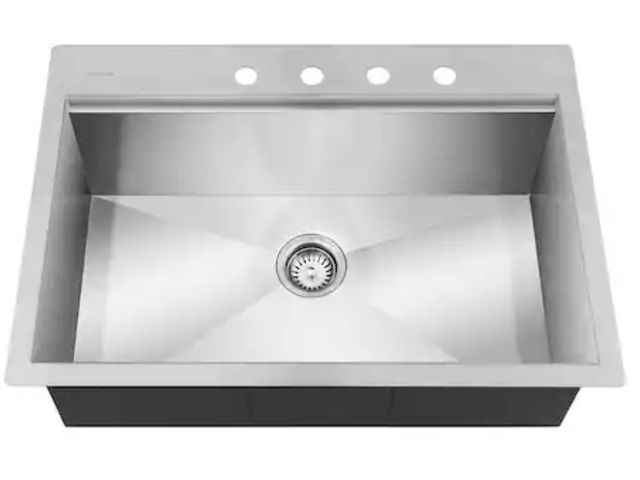 Lot 96-165866 - Stainless Steel Drop In Sink With Cutting Board. Approx 33x23”, may vary slightly from stock photo. ...