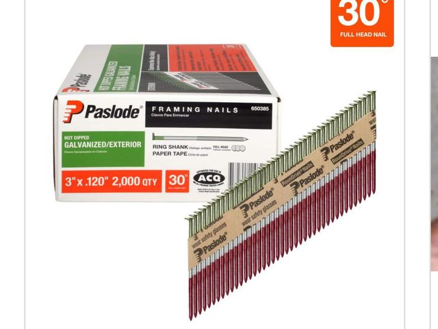 Lot 96-170801 - Paslode 3 in. x 0.120-Gauge 30
-Degree Galvanized Ring
Shank Paper Tape Framing
Nails (2000 per Box)...