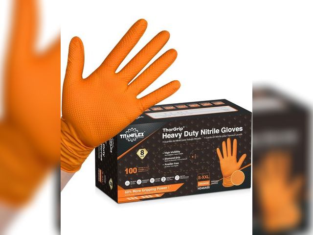 Lot 96-181322 - TitanFlex Thor Grip Heavy Duty Industrial Orange Nitrile Gloves with Raised Diamond Texture, 8-mil, ...