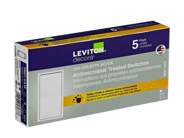 Lot 96-173685 - Leviton 15 Amp 120/277 Volt Single Pole
Antimicrobial Treated Decora Rocker Switch, White, 5-Pack

A...