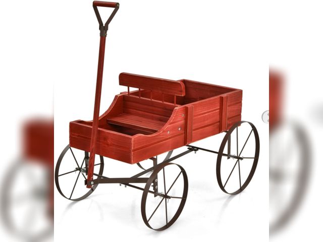 Lot 96-190074 - Garden Plant Planter Wooden Wagon Planter W/Wheel Red New