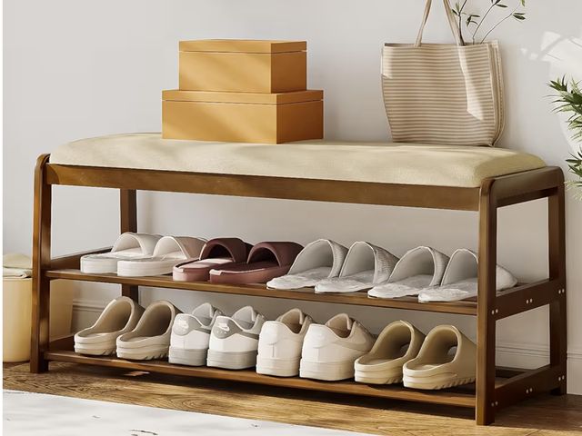 Lot 96-188280 - 2-Tier Bamboo Shoe Bench with Cushion and Hidden Drawer, Entryway Shoe Rack Organizer with Storage f...