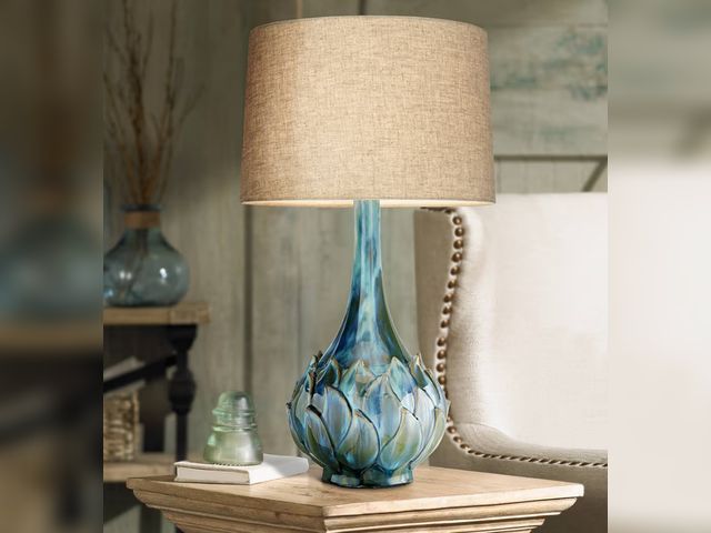 Lot 96-181605 - Possini Euro Design Kenya Modern Table Lamp Blue Green Beige Linen 29 1/2 Tall, Ceramic, Reactive Gl...