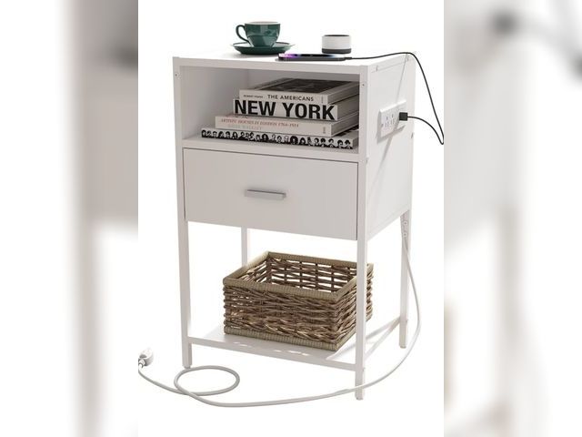 Lot 96-178308 - Nightstand with Charging Station, Modern End Table with Drawer, White Bedside Table with Open Storag...