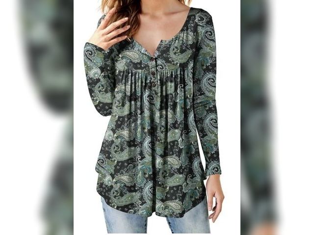 Lot 96-233069 - Fancyglim Women's Plus Size Henley Shirt V Neck Button Up Pleated Tunic Top Blouse Black Size: 2XL  ...