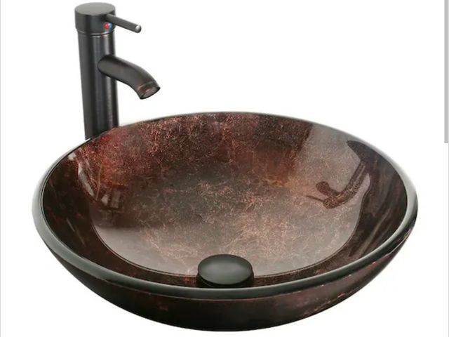 Lot 96-211324 - Cameo Solid Tempered Glass Round Vessel Sink in Brown with Faucet Pop Up Drain Set New MSRP $109