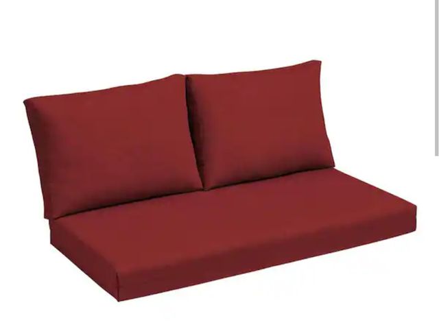 Lot 96-166015 - ARDEN 24 in. x 18 in. Outdoor Loveseat Cushion Set Ruby Red Leala Unused, some cushions are out of t...