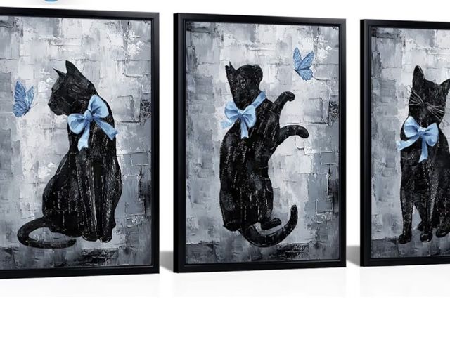 Lot 96-193561 - Visual Art Decor Framed Animal Wall Art Cat Room Decor Cat Wearing Bow Painting Butterfly Picture Pr...