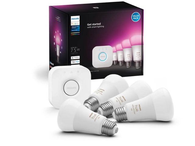 Lot 96-173474 - Philips Hue 75-Watt Equivalent A19 Smart LED Color Changing Light Bulb Starter
Kit (4 Bulbs and Brid...