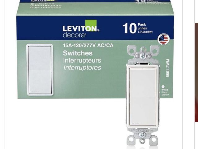 Lot 96-211711 - Leviton Decora 15 Amp Single Pole
Rocker AC Quiet Light Switch, White (10-Pack) New