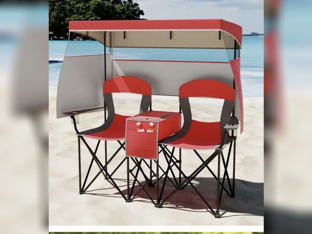 Lot 96-227607 - Costway Double Beach Chair with Adjustable Canopy and 3 -Side Shading Curtains MSRP $104.99 New