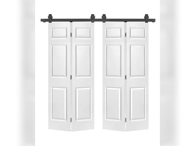 Lot 96-166673 - CALHOME 60 in. x 80 in. 6-Panel Primed MDF Composite Double Bi-Fold Barn Door with Sliding Hardware ...