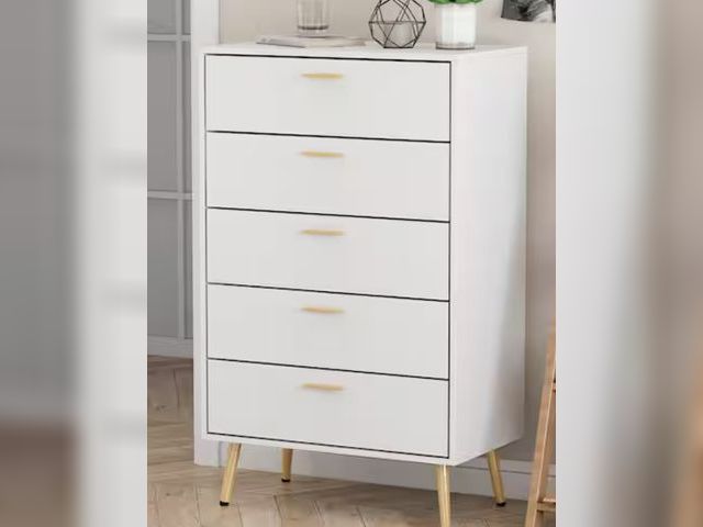 Lot 96-166765 - FUFU&amp;GAGA
5-Drawer White Wood Chest of Drawer Accent Storage Cabinet Organizer with Metal Leg 27...