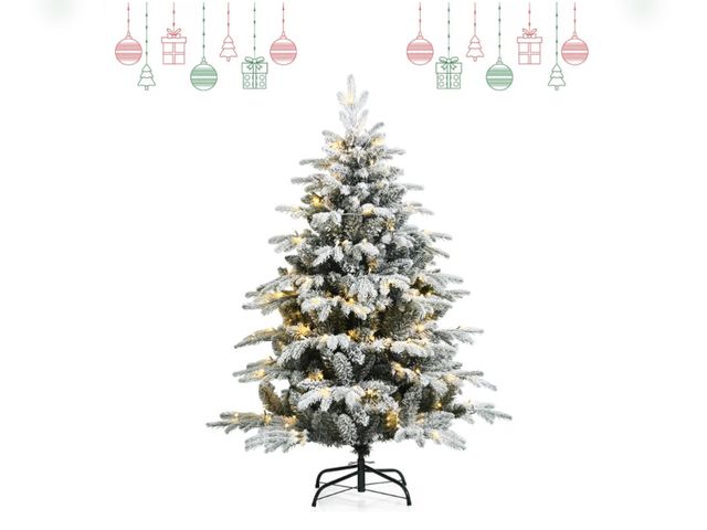 Lot 96-192376 - GOFLAME 4.5ft Snow Flocked Christmas Tree, Pre-lit Xmas Tree with 120 LED Lights &amp; 757 PE &amp; ...