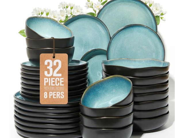 Lot 96-176613 - Pokini 32 Piece Dinnerware Set for 8 with Pasta Bowls, Green Black Reactive Glaze Stoneware | All‑in...