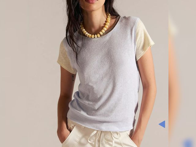 Lot 96-181418 - We The Free Blue Baby Tee with Yellow Sleeves Large New