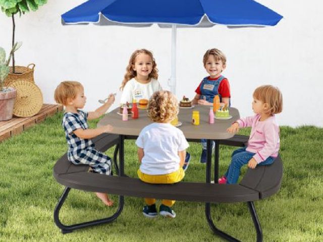 Lot 96-227096 - Costway NP11819CF Toddler Outdoor Activity Table with Adjustable &amp; Collapsible Umbrella - Brown
...