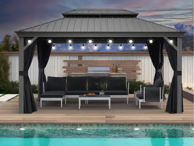 Lot 96-166586 - PURPLE LEAF 10 ft.x 14 ft.Light Gray Patio Outdoor Gazebo for Backyard Hardtop Aluminum Frame, Hooks...