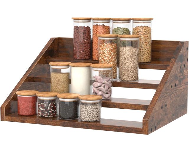 Lot 96-191544 - 4 Step Spice Rack Organizer for Cabinet, Robust Wooden Display Riser Shelf Seasoning Organizer for C...