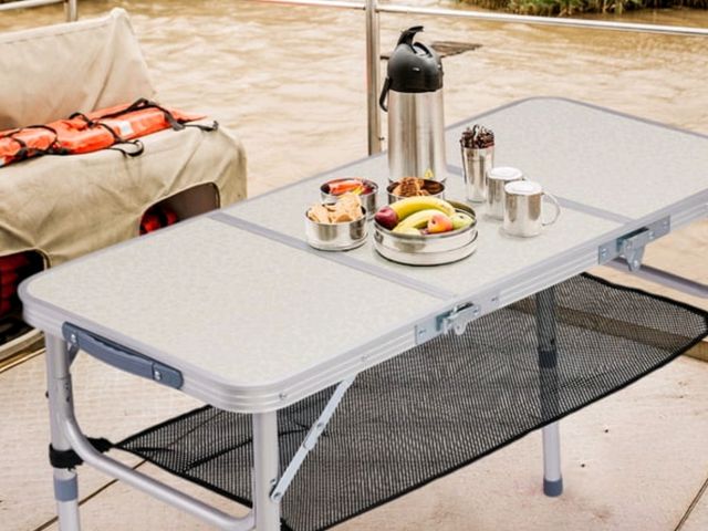Lot 96-233045 - White Folding Camping Table with 3 Height Settings &amp; Mesh Storage Shelf, 110lb Capacity Portable...