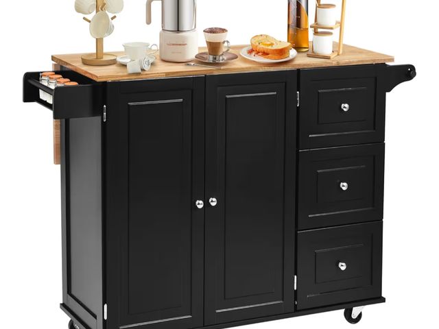 Lot 96-197750 - COSTWAY Kitchen Island Cart on Wheels, w/ 2-Door Cabinet, 3 Drawers &amp; Towel/Spice Rack, Utility ...