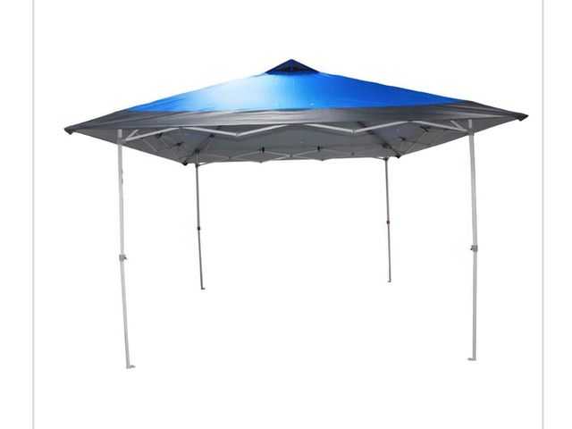 Lot 96-166883 - Everbilt 12 ft. x 12 ft. Blue Mega Shade Pop-Up Canopy with Grey Trim MSRP $189 New, box has damage ...