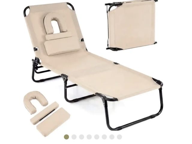 Lot 96-232604 - Costway  Folding Face Down Tanning Chair with Face Hole 3 Removable Pillows Beige  New Msrp: $99.99