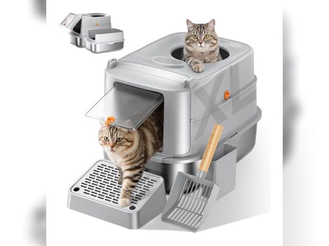 Lot 96-164241 - Stainless Steel Cat Litter Box with Lid, XL Extra Large Metal Litter Box for Big Cats, 180° Flip Cov...