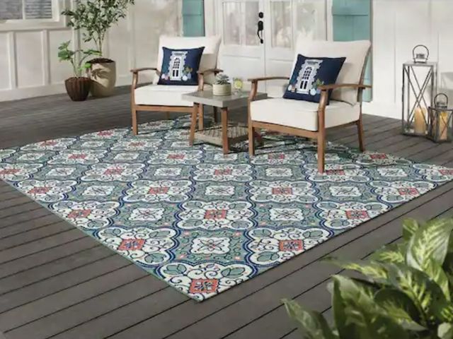 Lot 96-145526 - Hampton BayStar Moroccan Teal/Coral 8 ft. x 10 ft. Indoor/Outdoor Patio Area RugNew MSRP $170.37