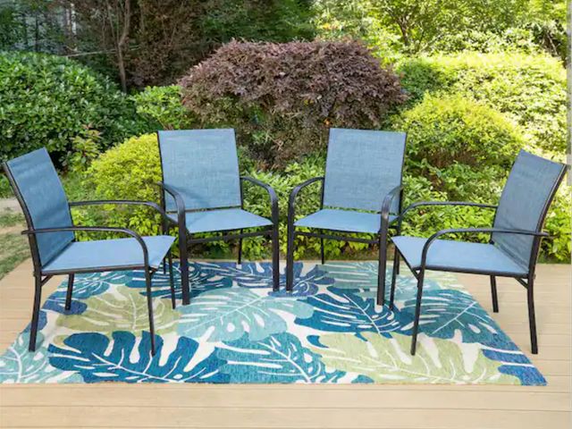 Lot 96-166558 - Black Ergonomic Blue Textilene Metal Outdoor Dining Chair with Wave Arms (4-Pack) New MSRP $218